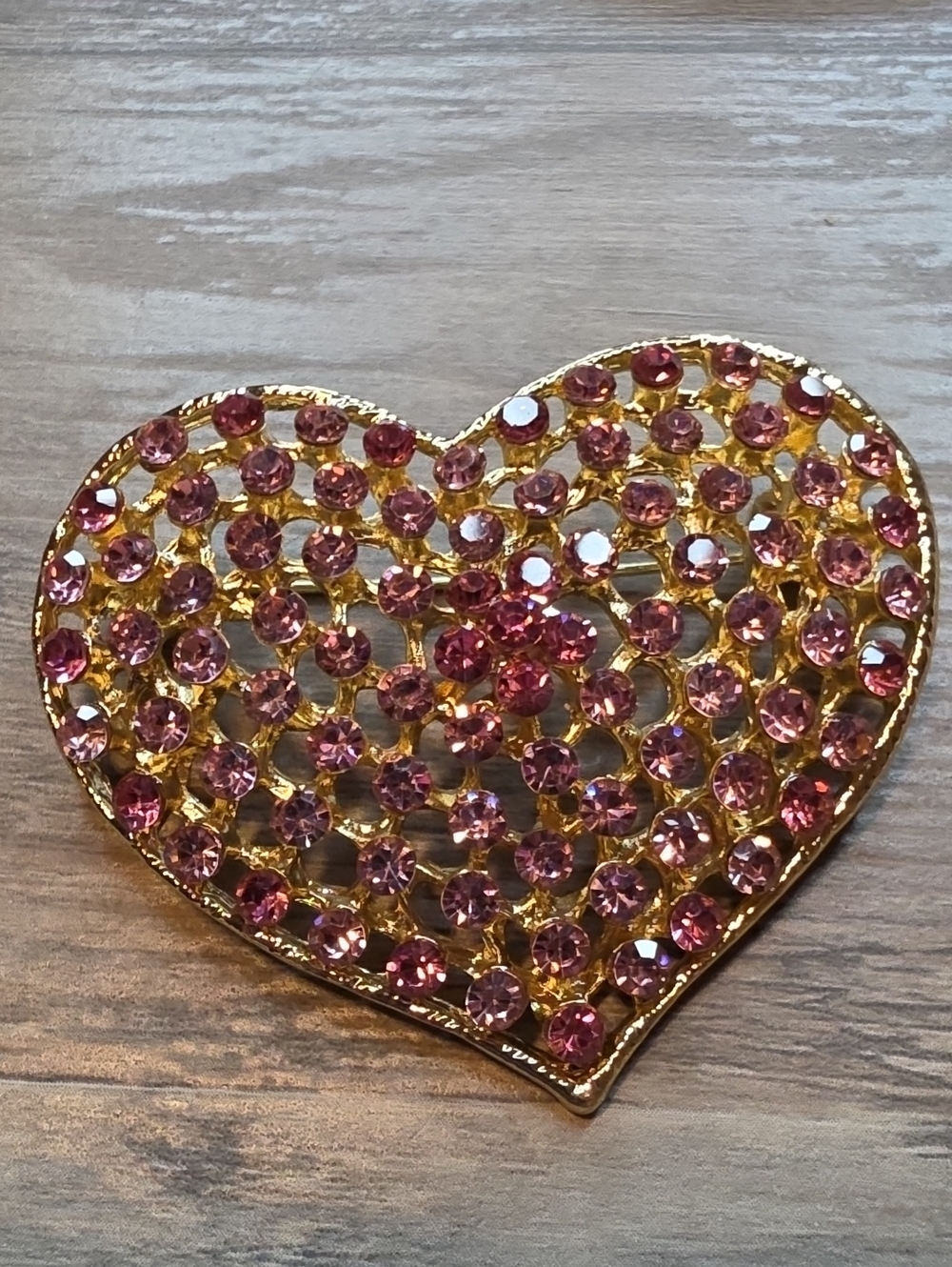 Gold Heart Brooch with Pink Crystals